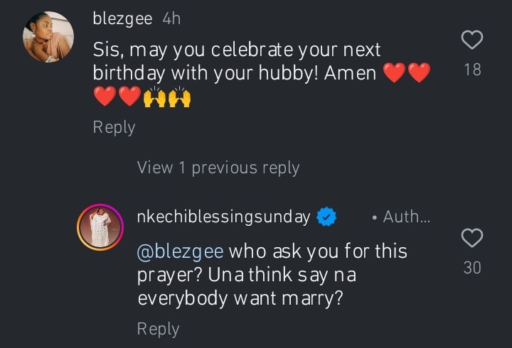Nkechi Blessing replies fan who prayed for her to marry