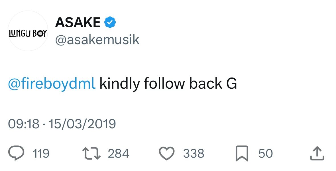 Throwback tweet of Asake begging Fireboy for a follow trends