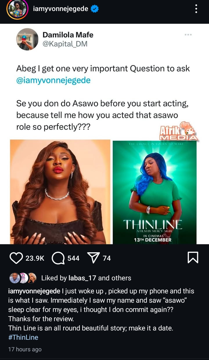 Yvonne Jegede responds to fan's question about her 'Runs Girl' role in movie