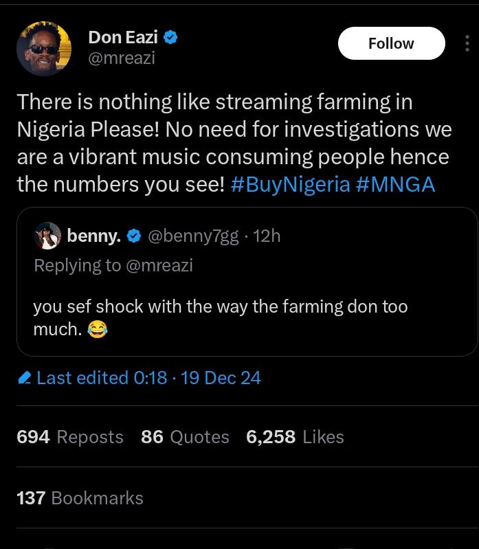 There's no stream farming in Nigeria - Mr Eazi