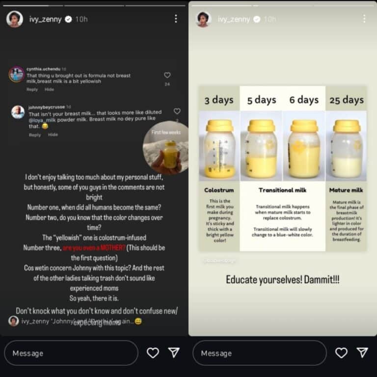 Ivy Ifeoma lectures followers on breast milk color variations