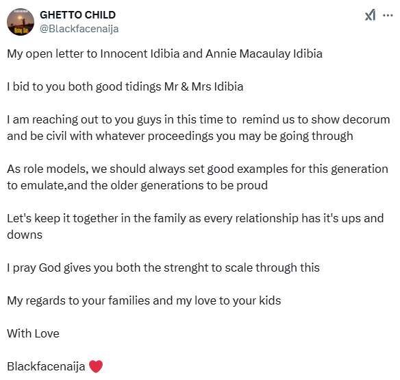  Blackface writes open Letter to 2face & Annie Idibia