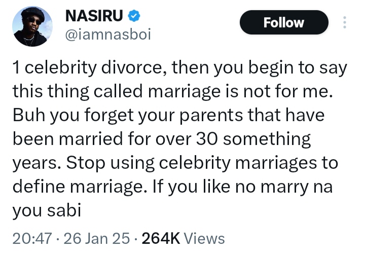 Stop using celebrity marriage to define marriage - Nasboi
