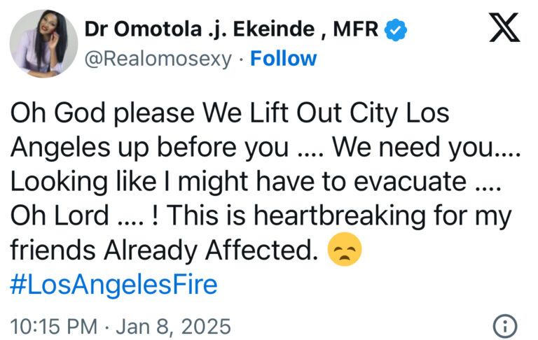 Omotola Jalade-Ekeinde rscapes LA Wildfires, returns to Nigeria