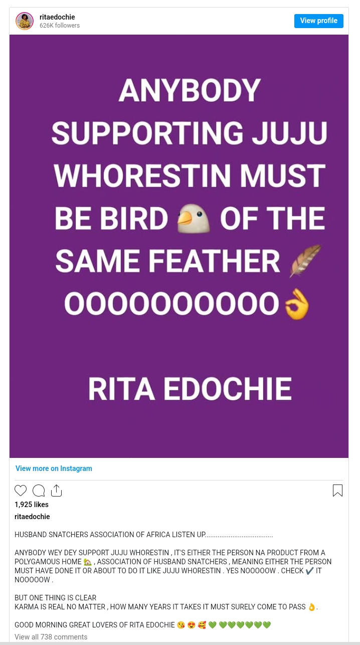 Rita Edochie blasts Judy Austin, labels her "Juju Whorestin"
