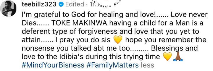 Stay out of family matters - Teebillz throws shade at Toke Makinwa