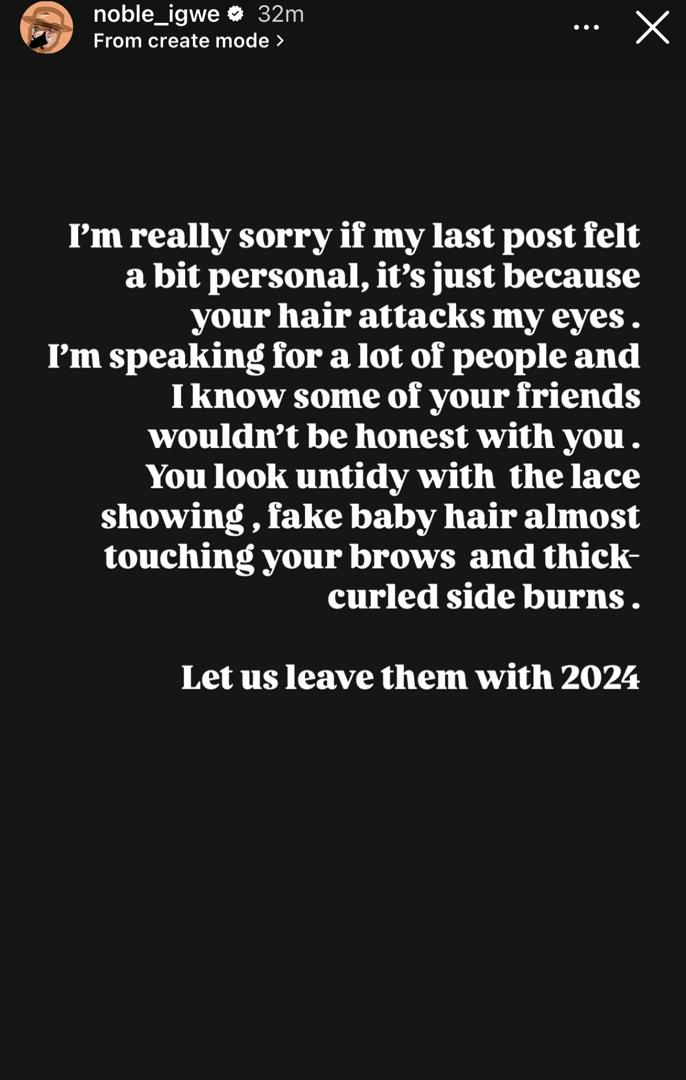 Noble Igwe slams Frontal Hairpieces, labels them "Tacky" and "Untidy"