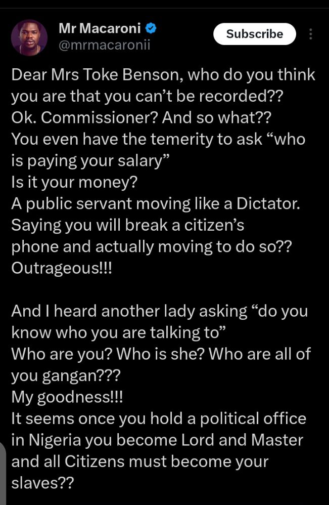Mr Macaroni criticizes commissioner for slapping man in video