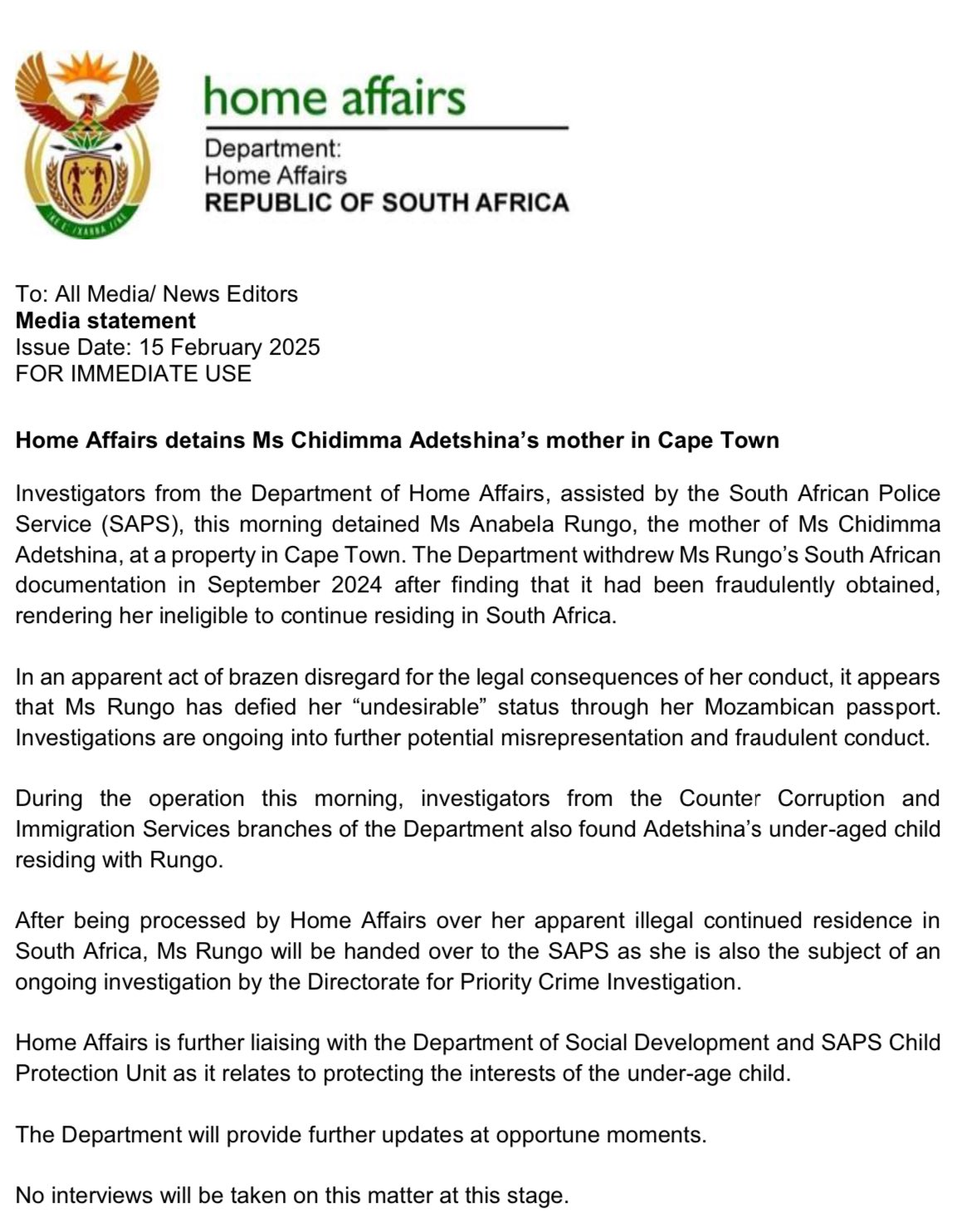 South African authorities detain Chidimma Adetshina's Mother