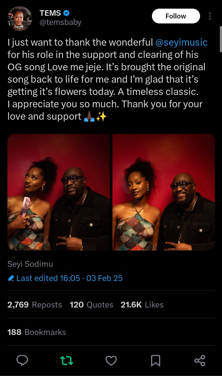 Tems grateful to Seyi Sodimu for sampling his "Love Me Jeje" song