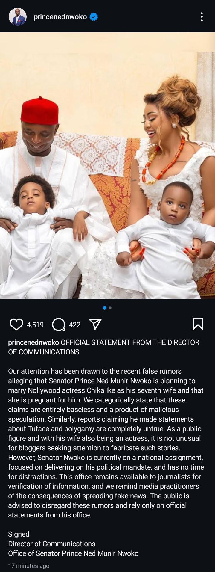 Senator Ned Nwoko denies rumors of marrying Chika Ike as 7th wife