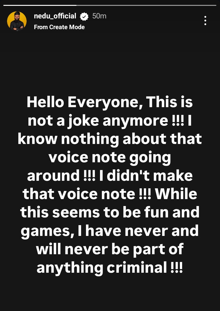 Nedu denies voice note accusing him of ties to Drug Dealers