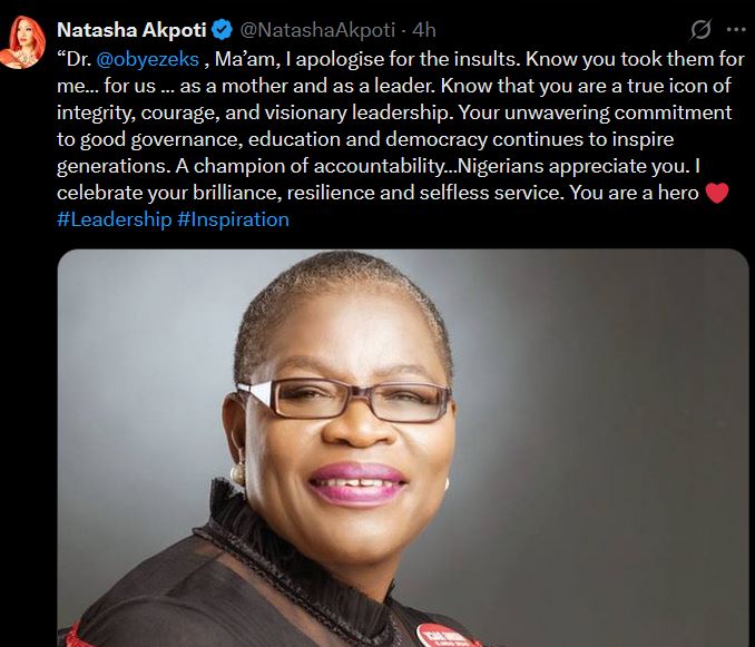 Natasha Akpoti apologizes to Oby Ezekwesili spat with Senator