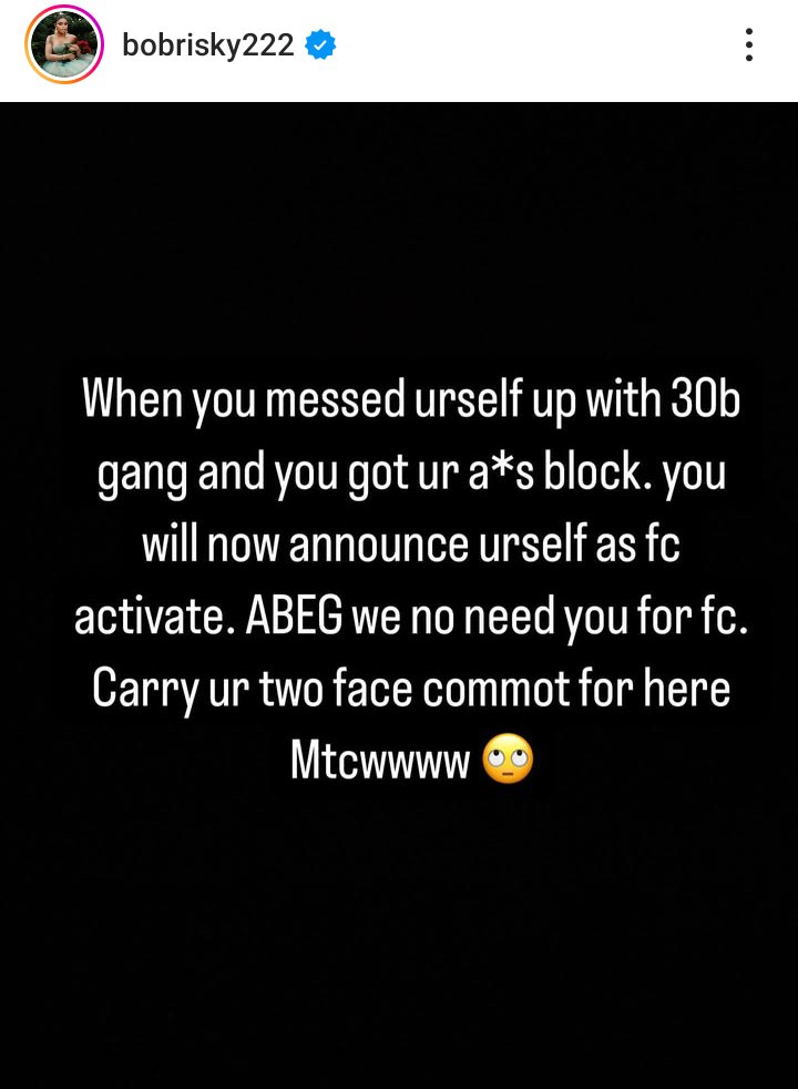 Bobrisky warns "traitor" not to move to Wizkid FC from 30BG