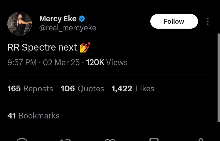 Mercy Eke eyes Rolls-Royce Spectre after Lamborghini purchase
