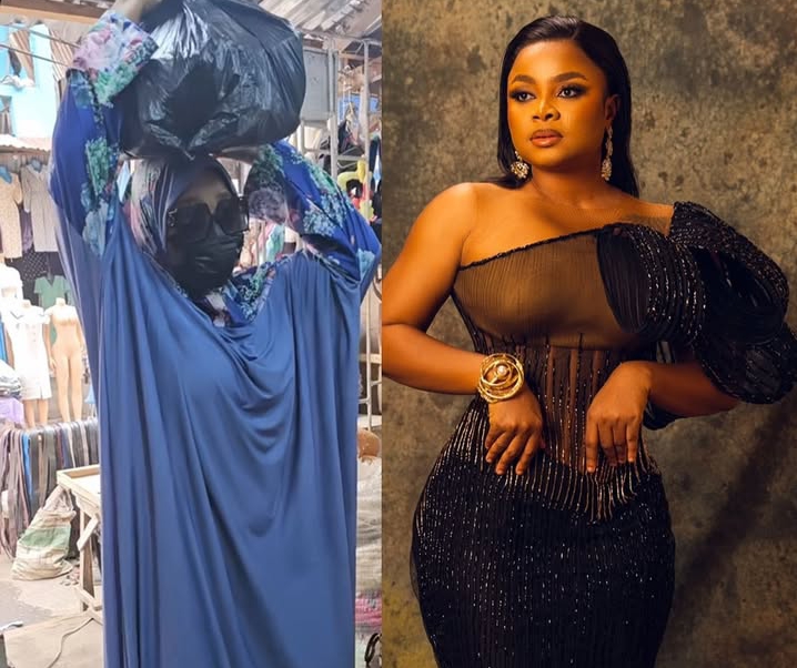 Bimbo Ademoye hides under hijab at Lagos market Bimbo Ademoye hides under hijab at Lagos market