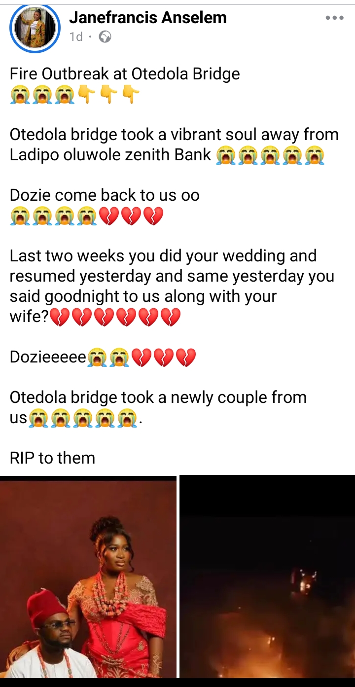 Newlywed couple d!es in Otedola Bridge Gas explosion
