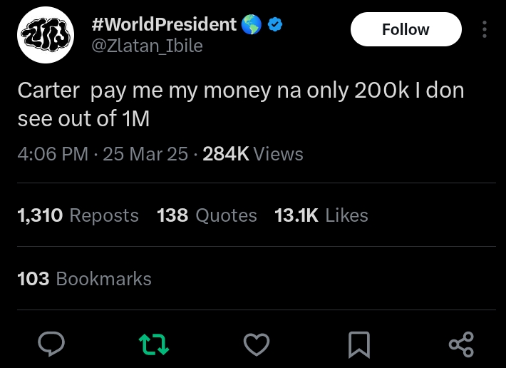 Zlatan calls out Carter Efe over unpaid N1M after losing bet 3 Zlatan calls out Carter Efe over unpaid N1M after losing FIFA bet