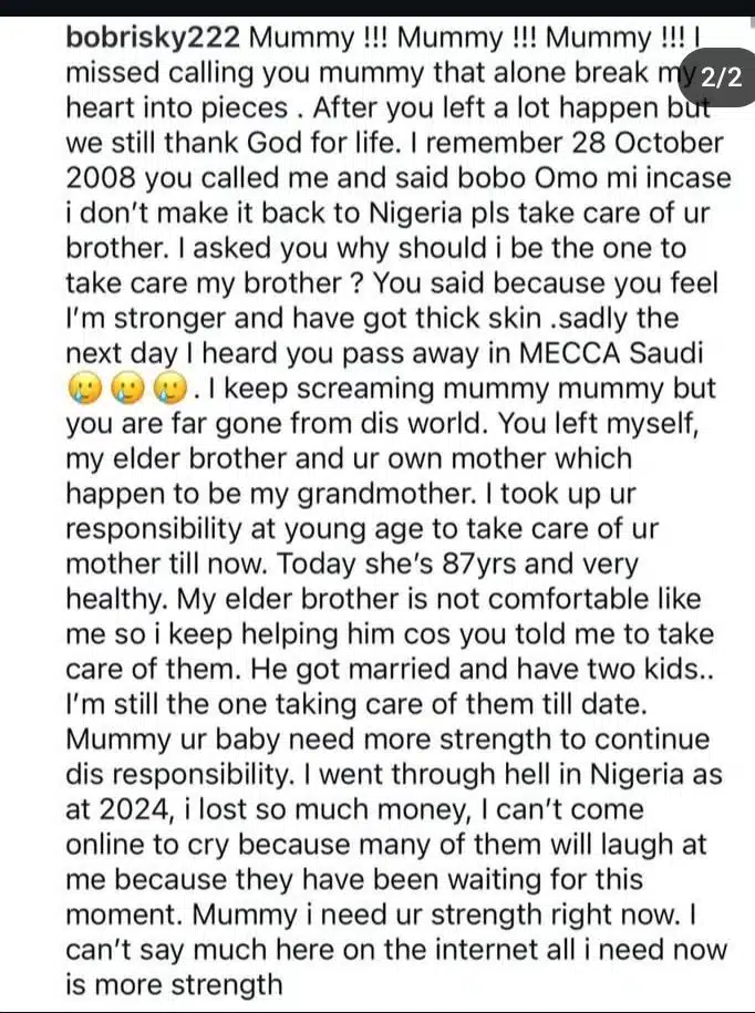 Bobrisky pays tribute to his late mother