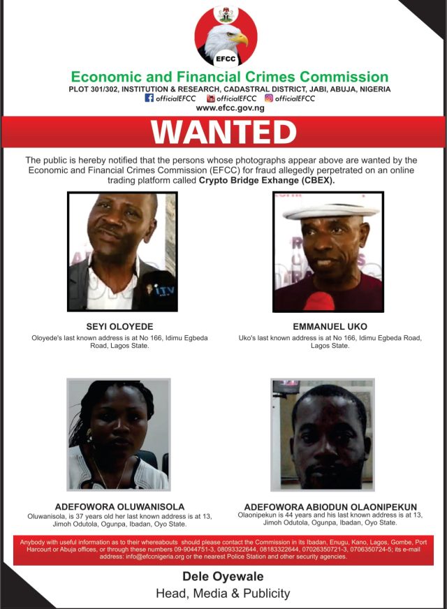 EFCC declares Four wanted over CBEX scam EFCC declares Four wanted over CBEX scam