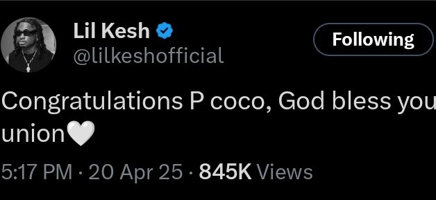 Priscilla's rumored Ex, Lil Kesh, congratulates her after wedding