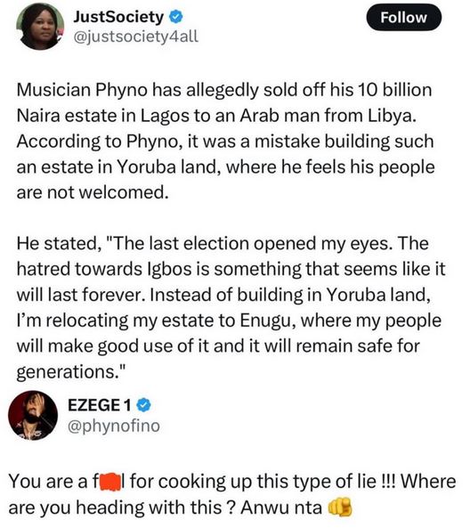 Phyno slams X User over false N10B Estate sale claim
