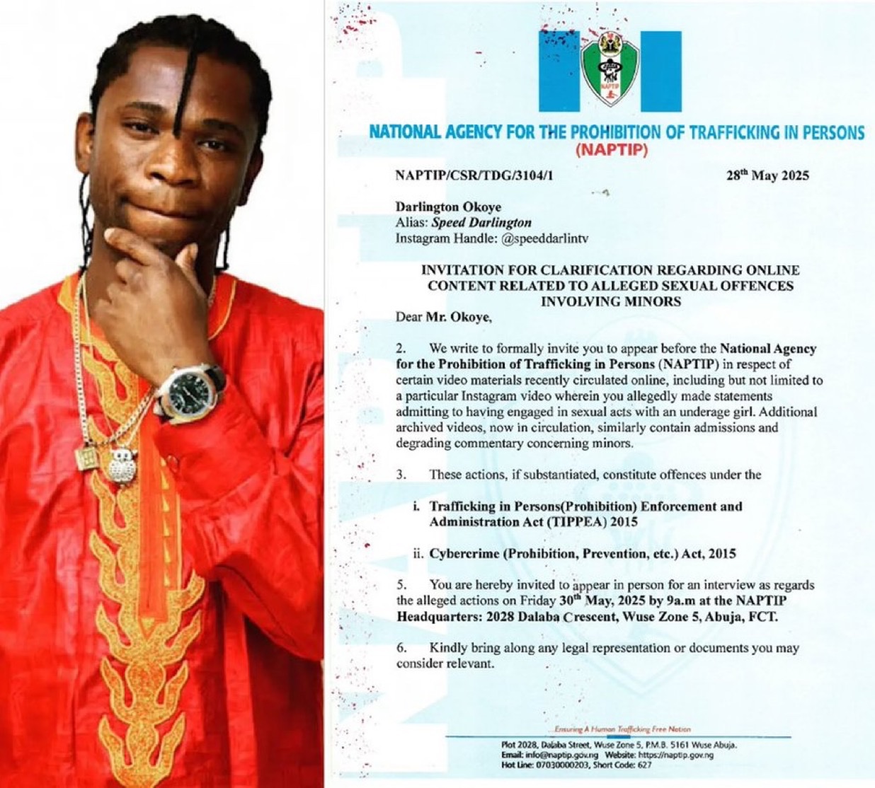 NAPTIP summons Speed Darlington over viral video