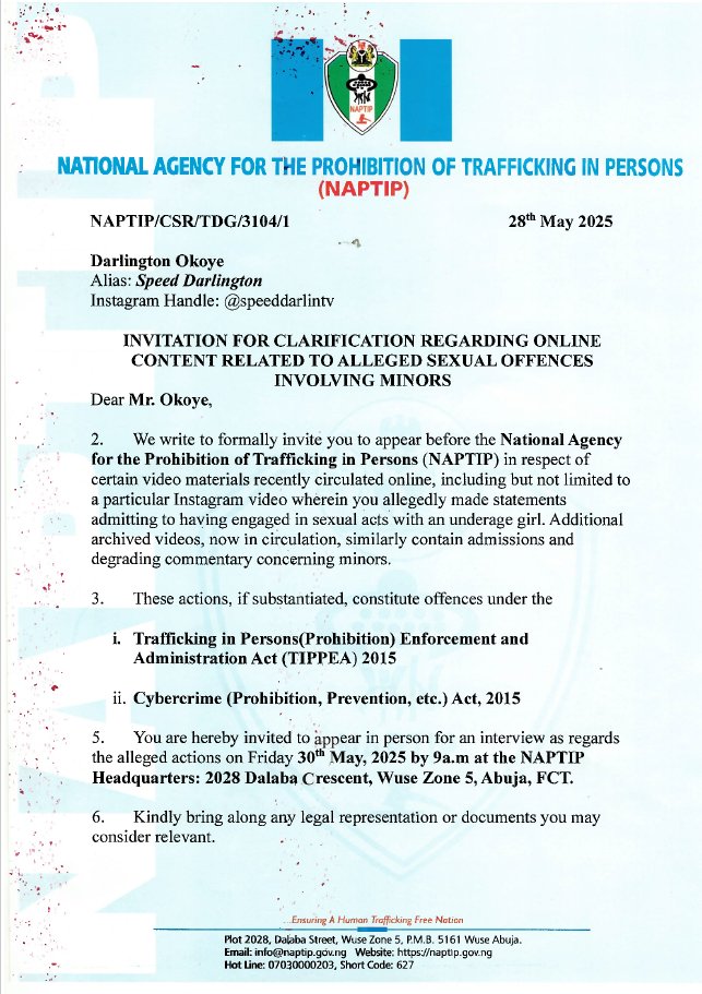 NAPTIP summons Speed Darlington over viral video