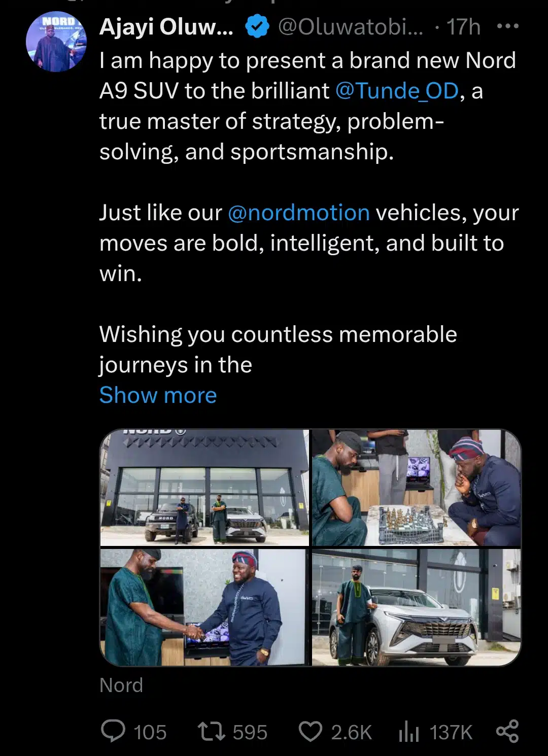 Tunde Onakoya gifted Nord A9 SUV by CEO 3 Tunde Onakoya gifted Nord A9 SUV by CEO