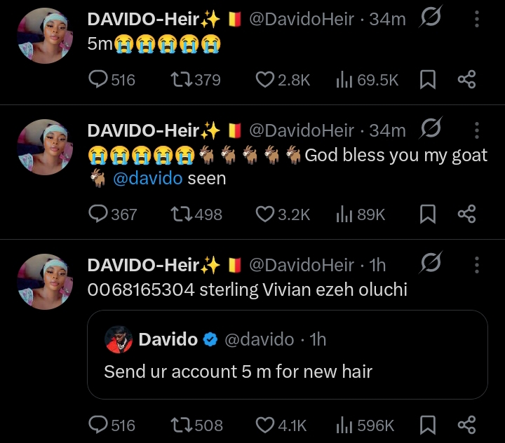 Davido gifts fan N5m