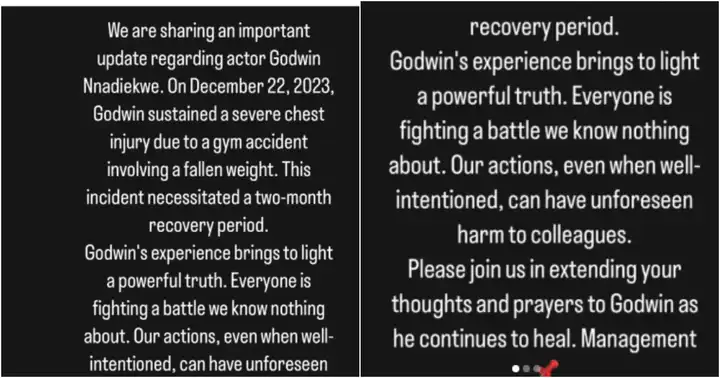 Godwin Nnadiekwe's management gives update on his health