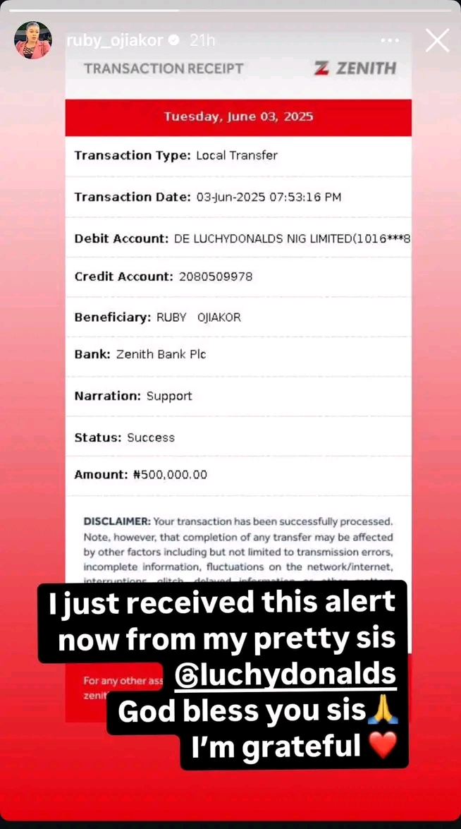 Ruby Ojiakor thanks Lucy Donalds for sending her N500k