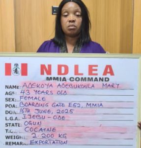  NDLEA arrests woman going to India for fibroid surgery with 2.20kg cocaine