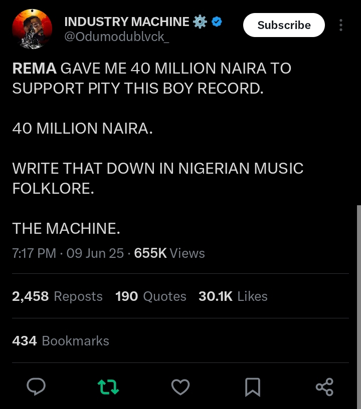 Odumodublvck thanks Rema for giving N40m for his song