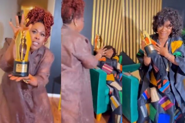 Uche Jombo delivers Chioma Akpotha’s AMVCA Best Actress trophy to her