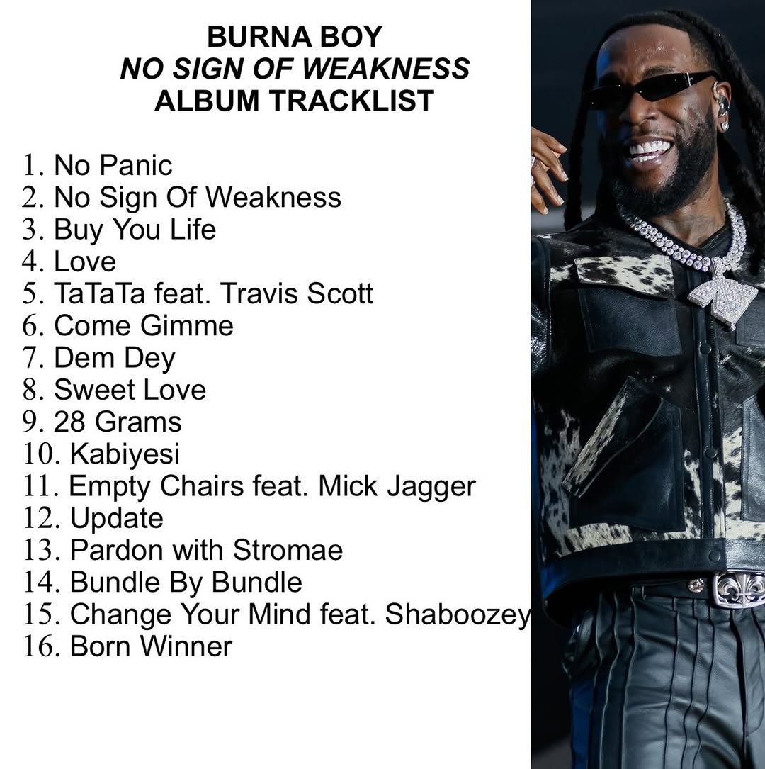 Burna Boy unveils tracklist for upcoming album No Sign of Weakness