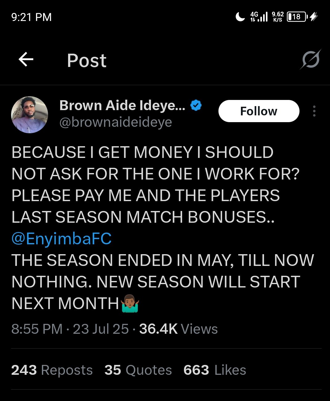 Brown Ideye calls out Eyimba over unpaid bonuses