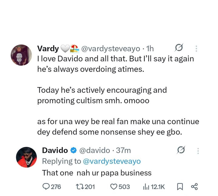Davido fires back at fan accusing him of promoting cultism