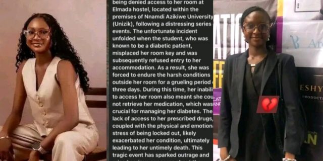 UNIZIK law student d!es after being denied access to insulin over ₦120,000 fee UNIZIK law student d!es after being denied access to insulin over ₦120,000 fee