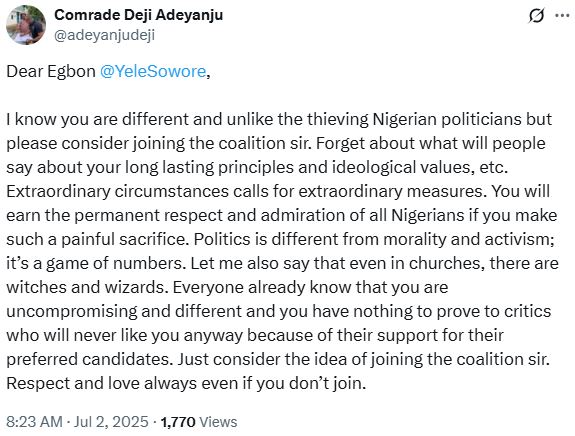 Deji Adeyanju urges Sowore to join the coalition