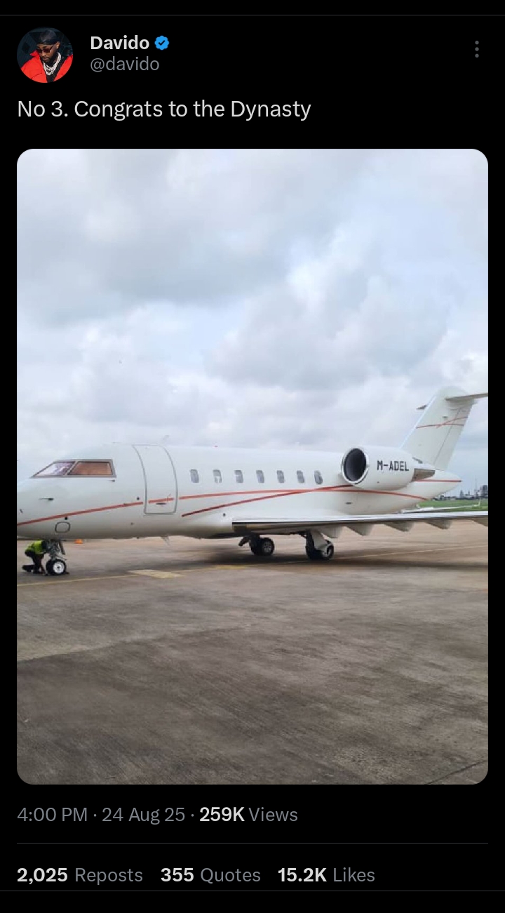 Davido celebrates as family acquires 3rd Private Jet