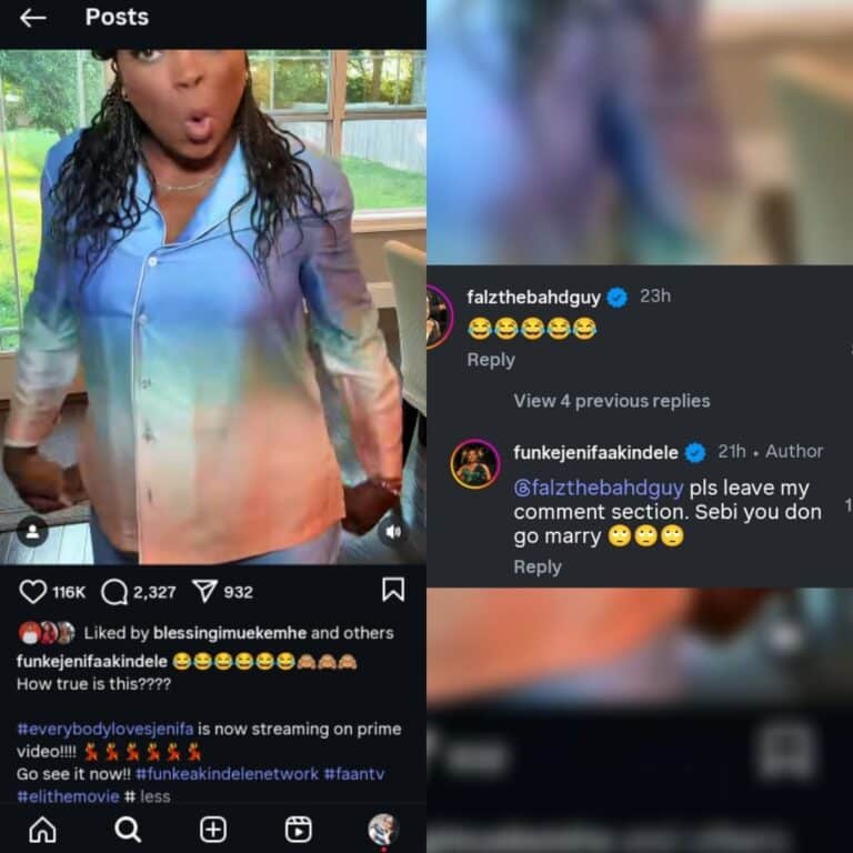 Funke Akindele playfully tells Falz to leave her Instagram comment section