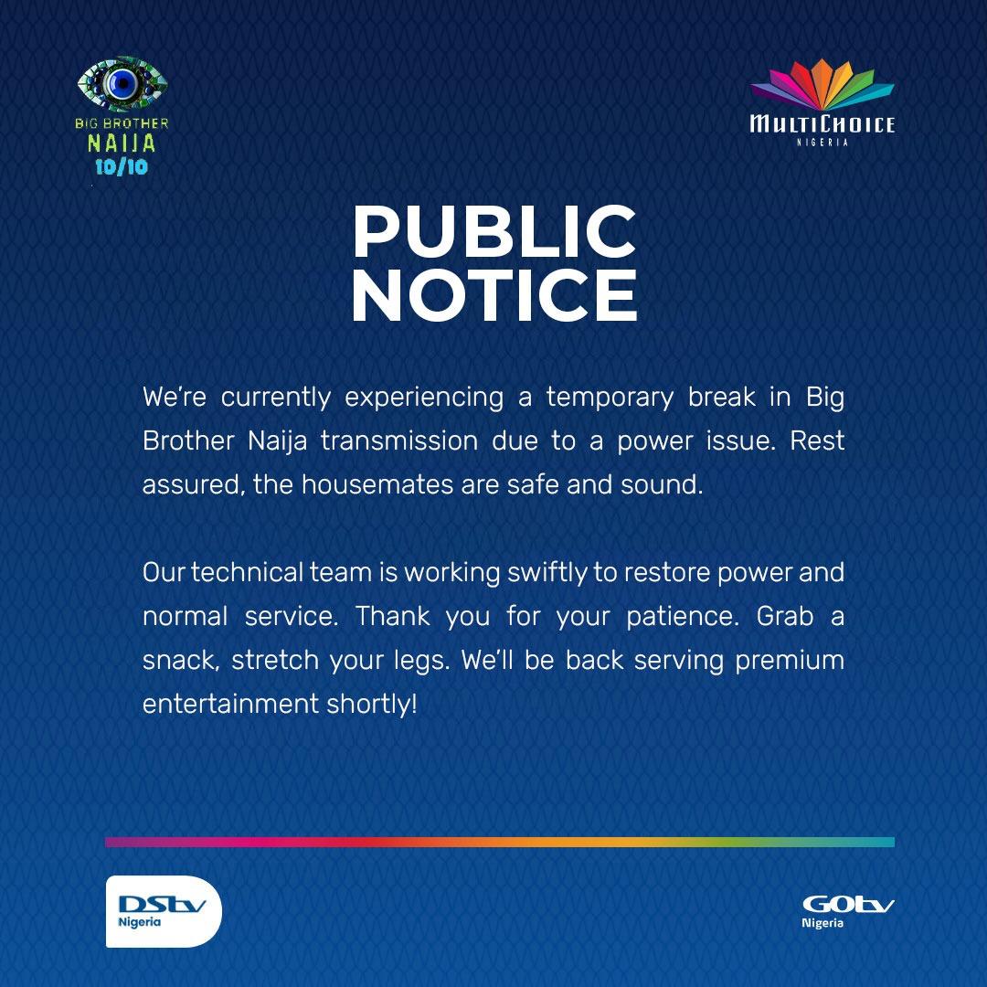 BBNaija suffers transmission break after power interruption