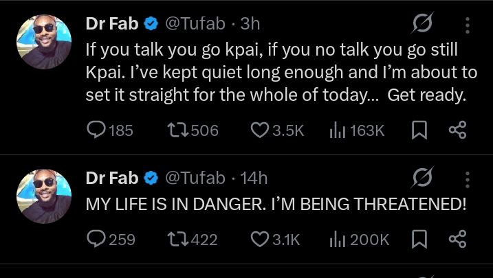 Davido is threatening my life - Wizkid's aide, Tufabs accuses