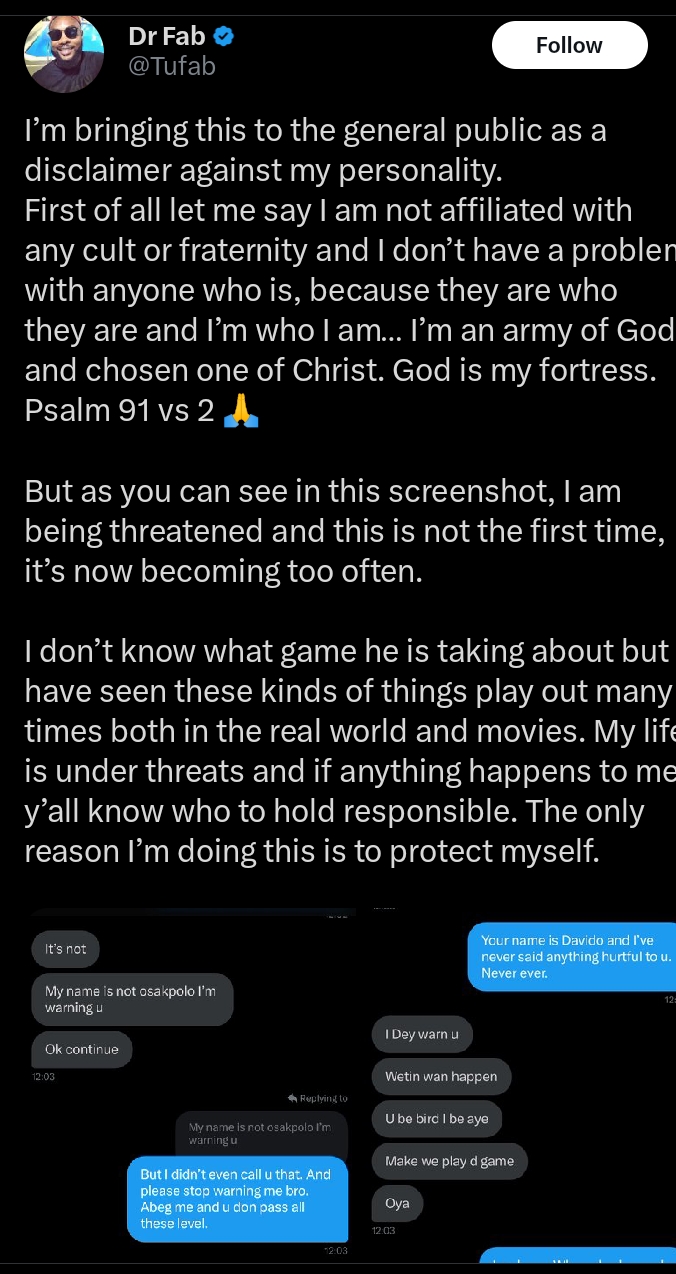 Davido is threatening my life - Wizkid's aide, Tufabs accuses