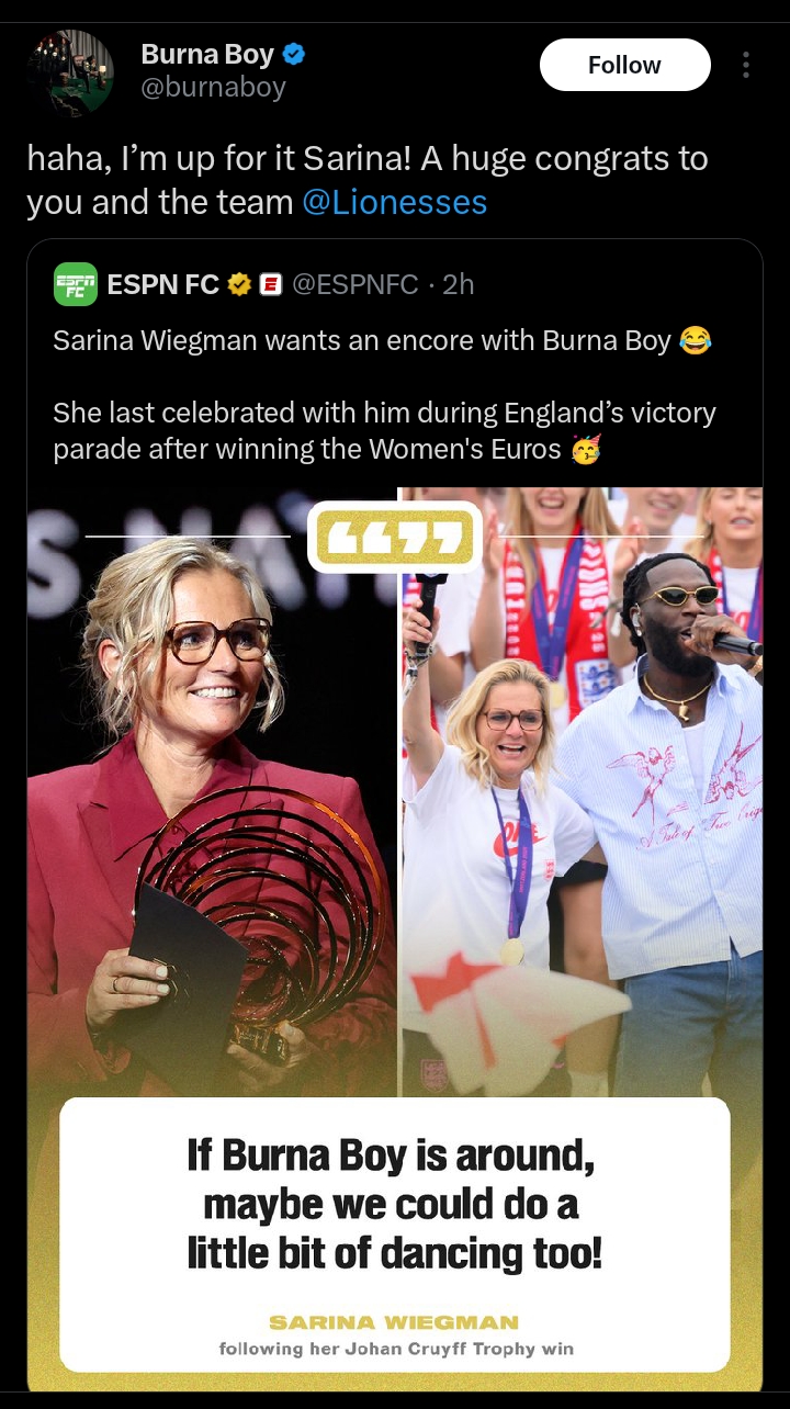 England’s women manager shouts out to Burna Boy during FIFA Ballon d'or
