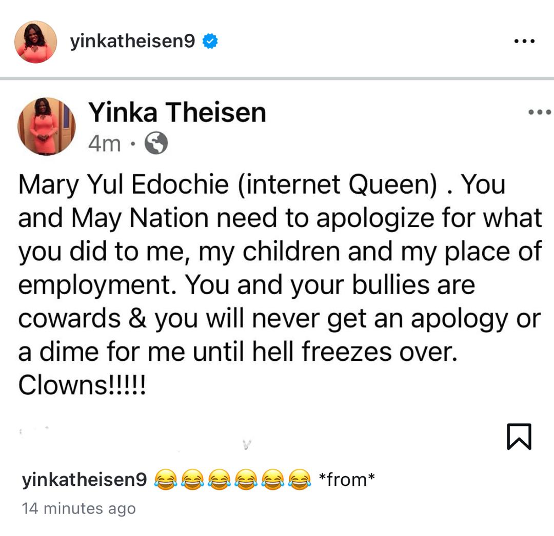 Yinka Theisen calls May Edochie a clown after lawsuit