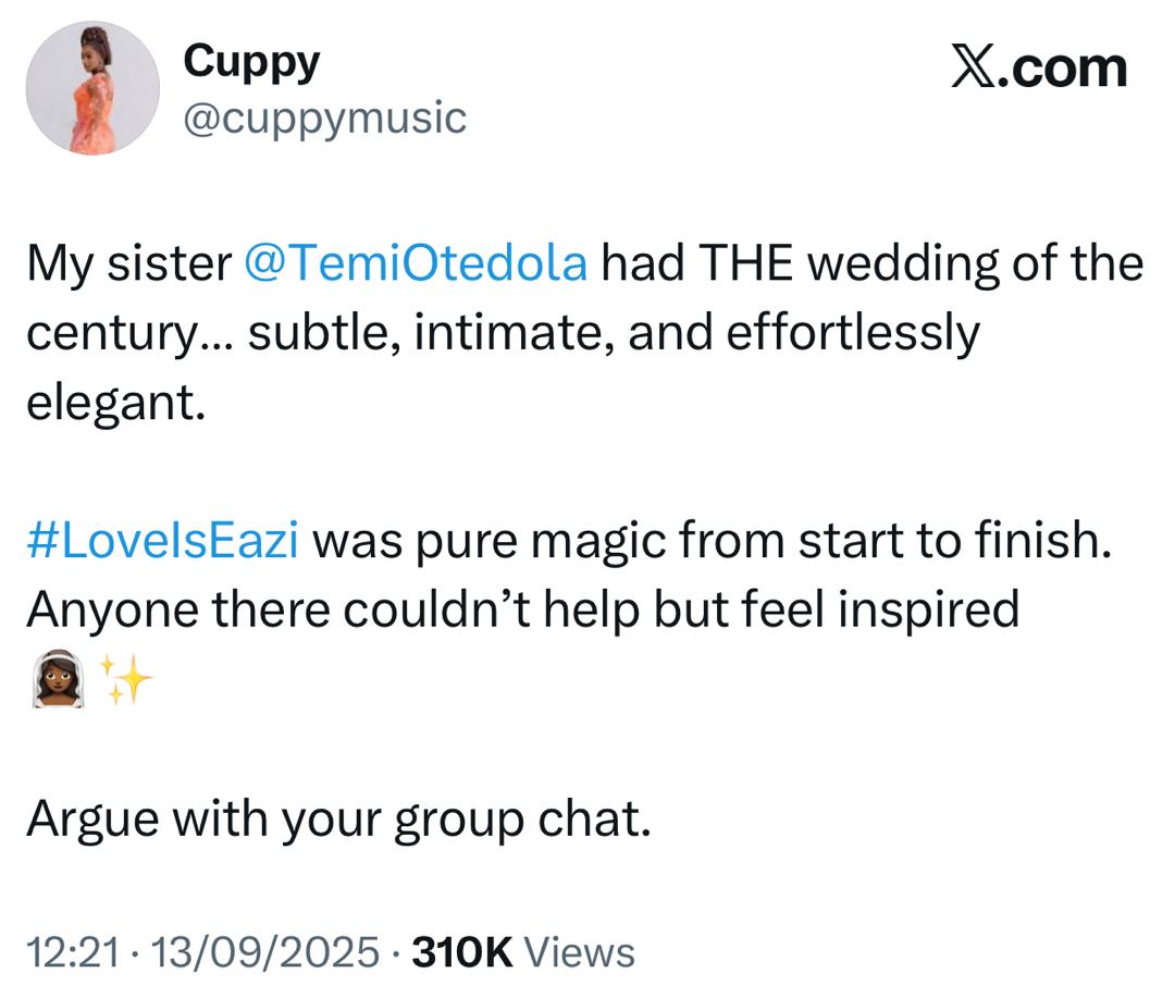 Wedding of the century - Dj Cuppy hails sister, Temi's wedding