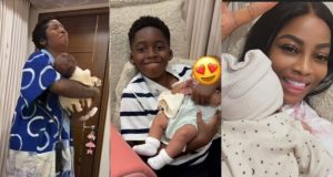 Tiwa Savage & son visit new mum, Toke Makinwa Tiwa Savage, Jamil visit new mum, Toke Makinwa