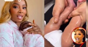 Toke Makinwa shares image of daughter getting massaged Toke Makinwa employs Indonesian to massage baby
